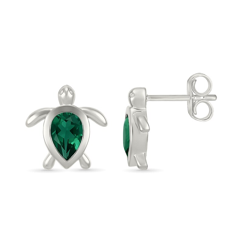 Main Image 2 of Pear-Shaped Lab-Created Emerald Turtle Stud Earrings Sterling Silver