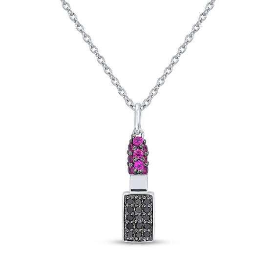 Lab-Created Ruby & Black Diamond Drop Necklace 1/8 ct tw Sterling Silver 18"