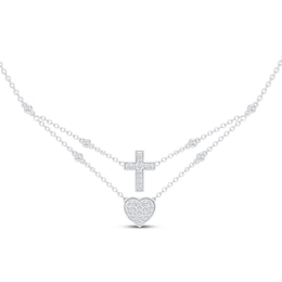 KAY Lab-Grown Diamonds Layered Heart & Cross Necklace 1/4 ct tw Sterling Silver 18"