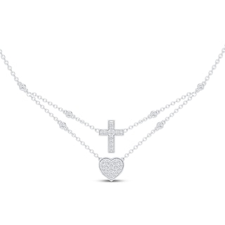 KAY Lab-Grown Diamonds Layered Heart & Cross Necklace 1/4 ct tw Sterling Silver 18"