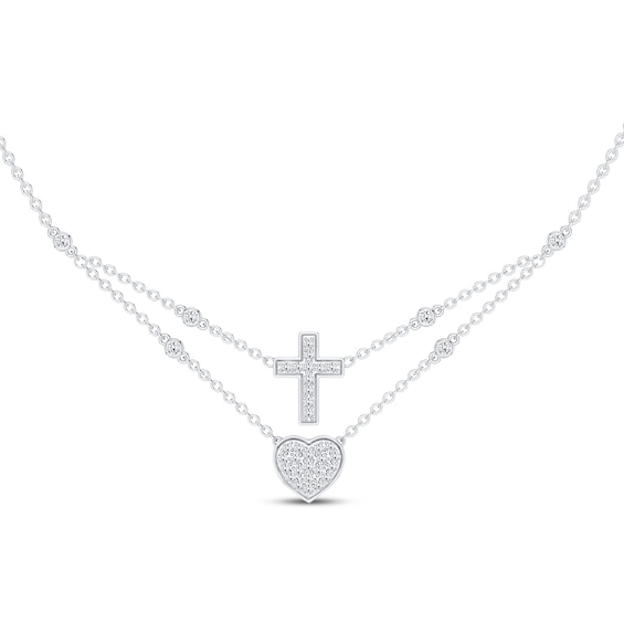 KAY Lab-Grown Diamonds Layered Heart & Cross Necklace 1/4 ct tw Sterling Silver 18"