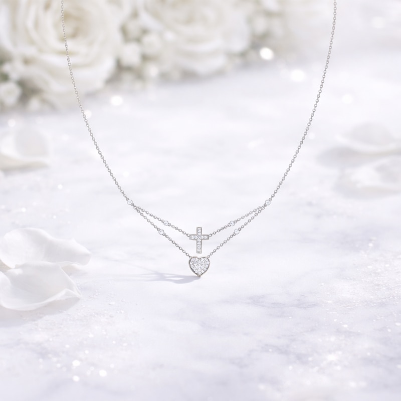 Main Image 5 of KAY Lab-Grown Diamonds Layered Heart & Cross Necklace 1/4 ct tw Sterling Silver 18"