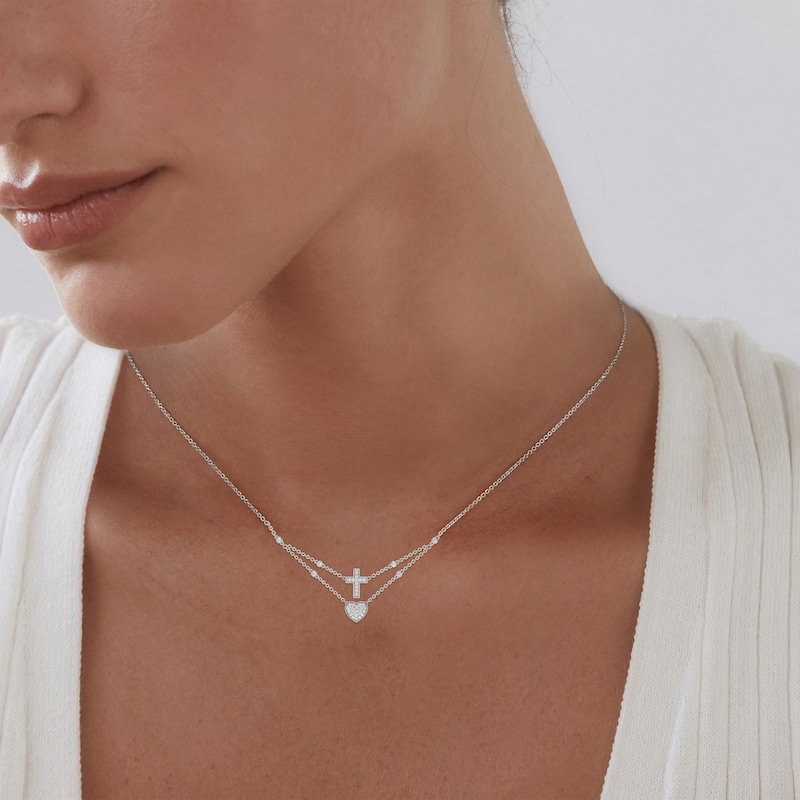 Main Image 6 of KAY Lab-Grown Diamonds Layered Heart & Cross Necklace 1/4 ct tw Sterling Silver 18"