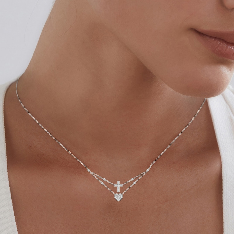 Main Image 7 of KAY Lab-Grown Diamonds Layered Heart & Cross Necklace 1/4 ct tw Sterling Silver 18"