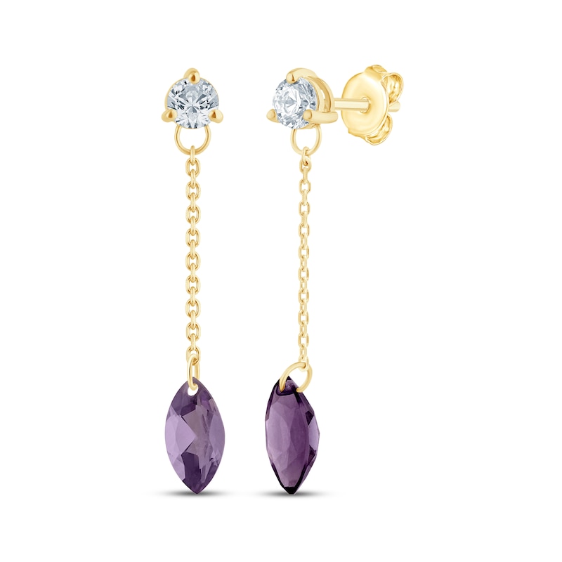 Main Image 1 of Pierced Gemstone Marquise-Cut Amethyst & Lab-Grown Diamond Drop Earrings 1/3 ct tw 10K Yellow Gold