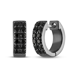 Men's Black Spinel Huggie Hoop Earrings Black Rhodium-Plated Sterling Silver