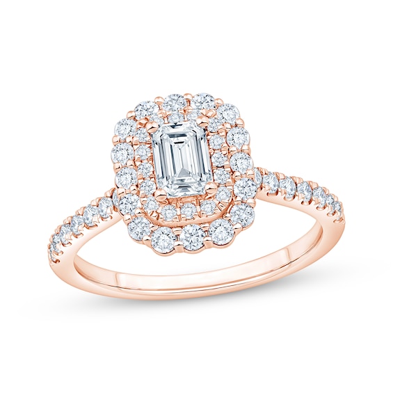 Now + Forever Lab-Grown Diamonds Certified Emerald-Cut Halo Engagement Ring 1 ct tw 14K Rose Gold