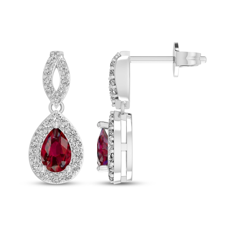 Main Image 1 of Pear-Shaped Lab-Created Ruby & White Lab-Created Sapphire Dangle Earrings Sterling Silver