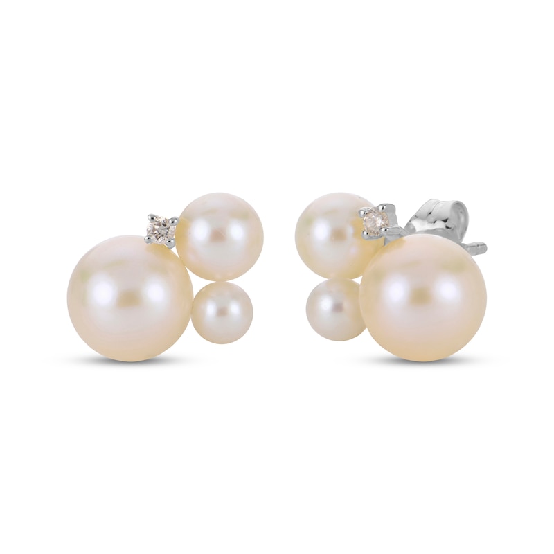 Main Image 1 of Cultured Pearl & White Lab-Created Sapphire Cluster Stud Earrings Sterling Silver