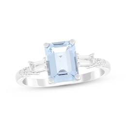 Emerald-Cut Aquamarine & White Lab-Created Sapphire Ring Sterling Silver