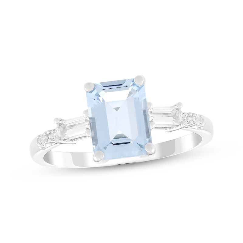 Main Image 1 of Emerald-Cut Aquamarine & White Lab-Created Sapphire Ring Sterling Silver