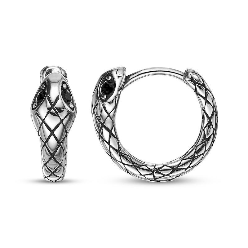 Main Image 3 of Men's Black Spinel Snake Eye Hoop Earrings Stainless Steel