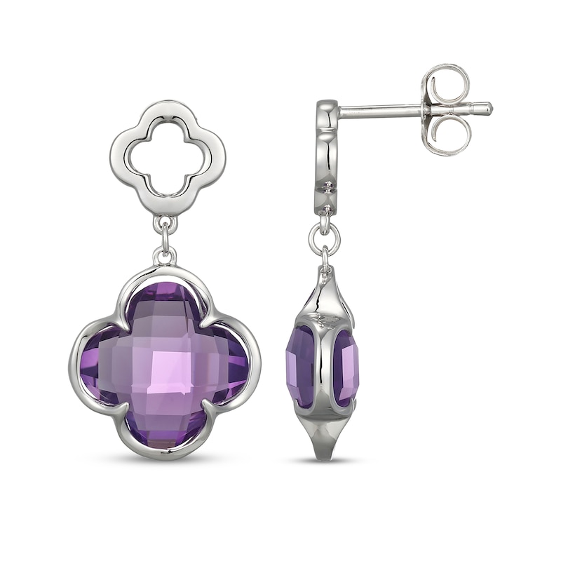 Main Image 3 of Clover-Shaped Amethyst Drop Earrings Sterling Silver