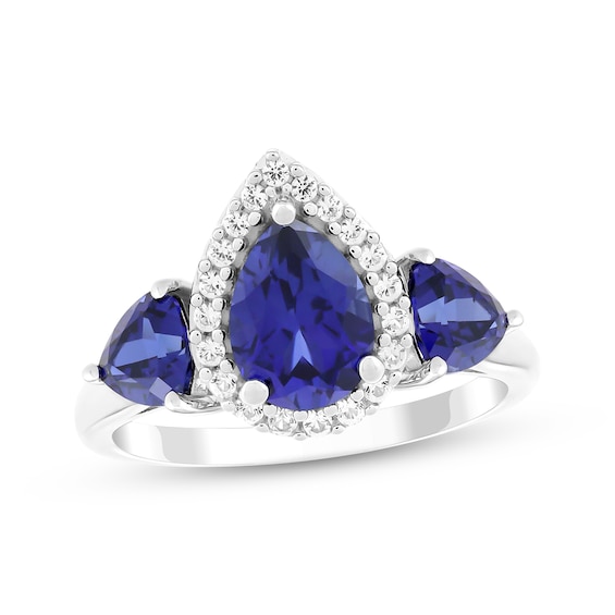 Pear-Shaped & Trillion-Cut Blue Lab-Created Sapphire & White Lab-Created Sapphire Three-Stone Ring Sterling Silver