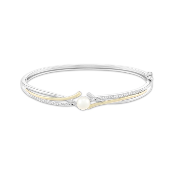 Cultured Pearl & White Lab-Created Sapphire Bangle Bracelet Sterling Silver & 10K Yellow Gold