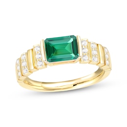 Emerald-Cut Lab-Created Emerald & White Lab-Created Sapphire Ribbed Ring 10K Yellow Gold