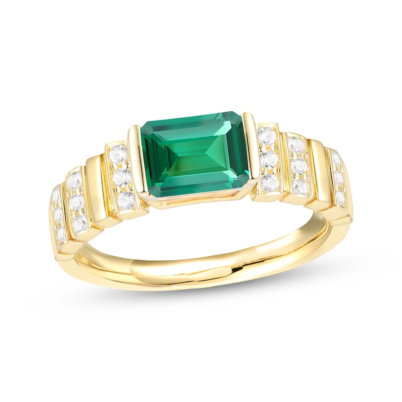 Main Image 1 of Emerald-Cut Lab-Created Emerald & White Lab-Created Sapphire Ribbed Ring 10K Yellow Gold