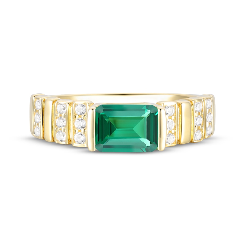 Main Image 2 of Emerald-Cut Lab-Created Emerald & White Lab-Created Sapphire Ribbed Ring 10K Yellow Gold