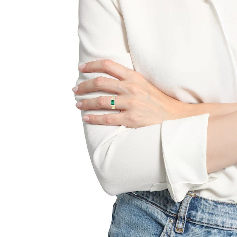 Main Image 3 of Emerald-Cut Lab-Created Emerald & White Lab-Created Sapphire Ribbed Ring 10K Yellow Gold