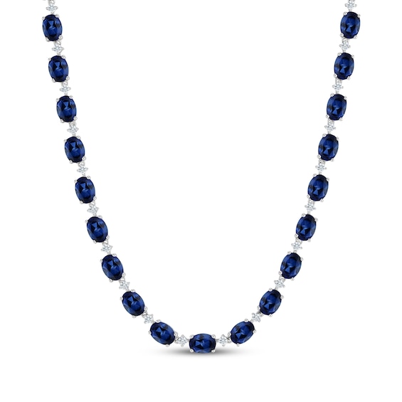 Oval-Cut Blue Lab-Created Sapphire & White Lab-Created Sapphire Tennis Necklace Sterling Silver 17"
