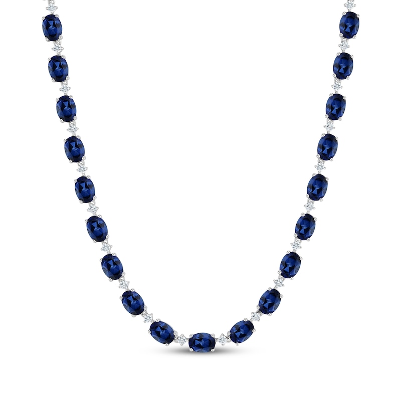Main Image 1 of Oval-Cut Blue Lab-Created Sapphire & White Lab-Created Sapphire Tennis Necklace Sterling Silver 17"