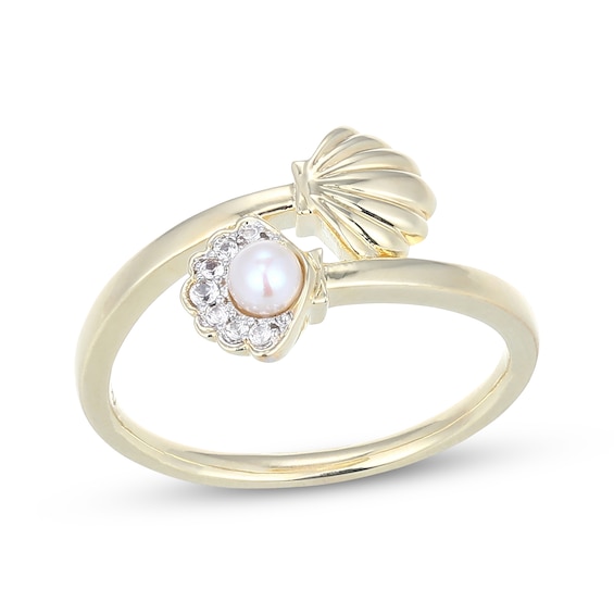 Cultured Pearl & White Lab-Created Sapphire Seashell Bypass Ring 10K Yellow Gold