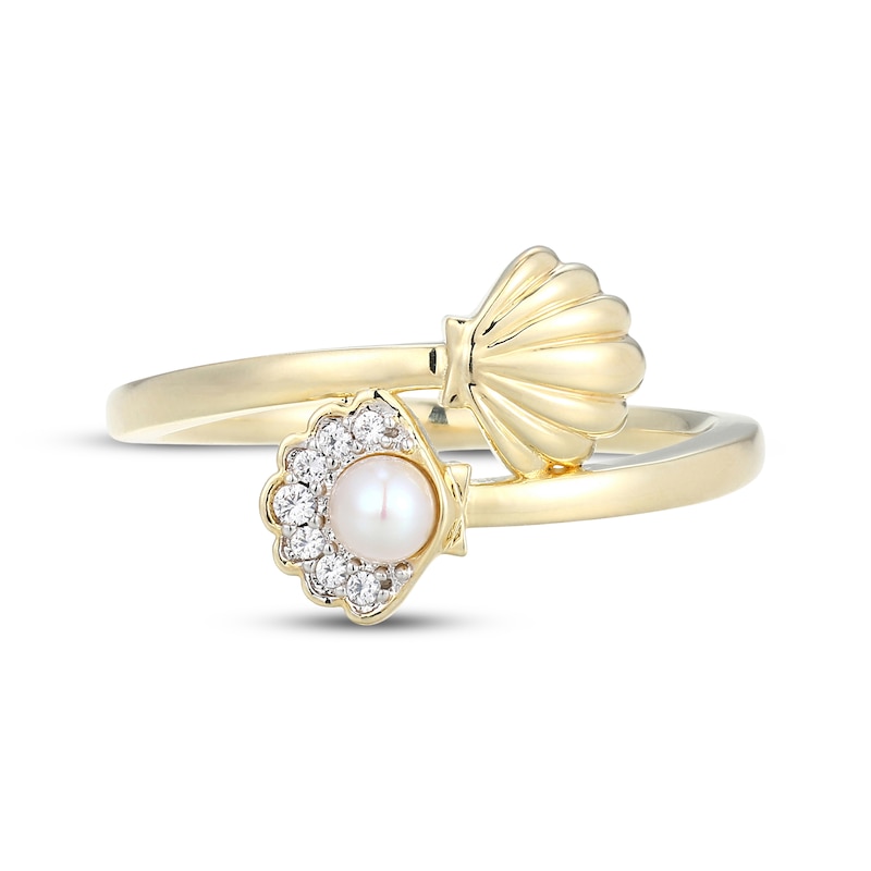 Main Image 4 of Cultured Pearl & White Lab-Created Sapphire Seashell Bypass Ring 10K Yellow Gold
