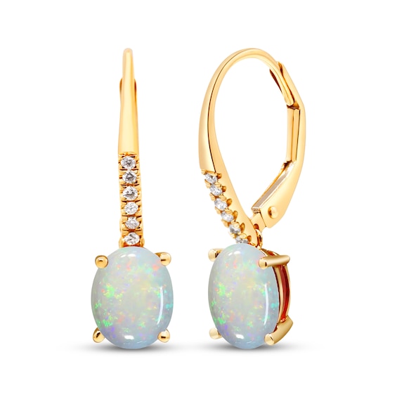 Oval-Cut Lab-Created Opal & Diamond Drop Earrings 1/20 ct tw 10K Yellow Gold