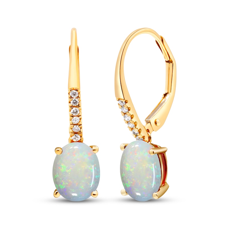 Main Image 1 of Oval-Cut Lab-Created Opal & Diamond Drop Earrings 1/20 ct tw 10K Yellow Gold