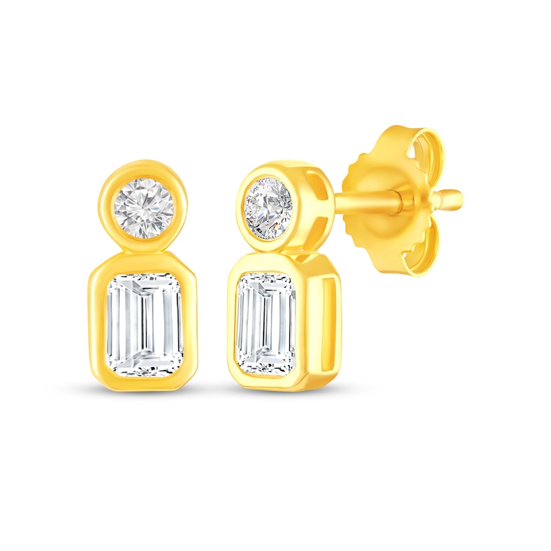 Main Image 1 of KAY Lab-Grown Diamonds Round & Emerald-Cut Two-Stone Stud Earrings 5/8 ct tw 10K Yellow Gold