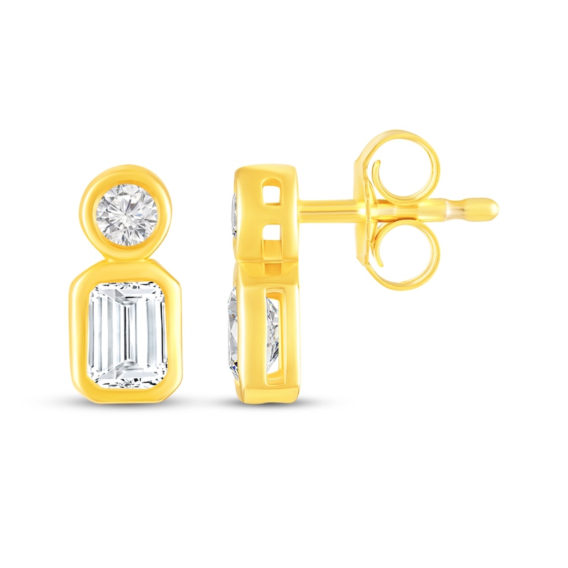 Main Image 3 of KAY Lab-Grown Diamonds Round & Emerald-Cut Two-Stone Stud Earrings 5/8 ct tw 10K Yellow Gold