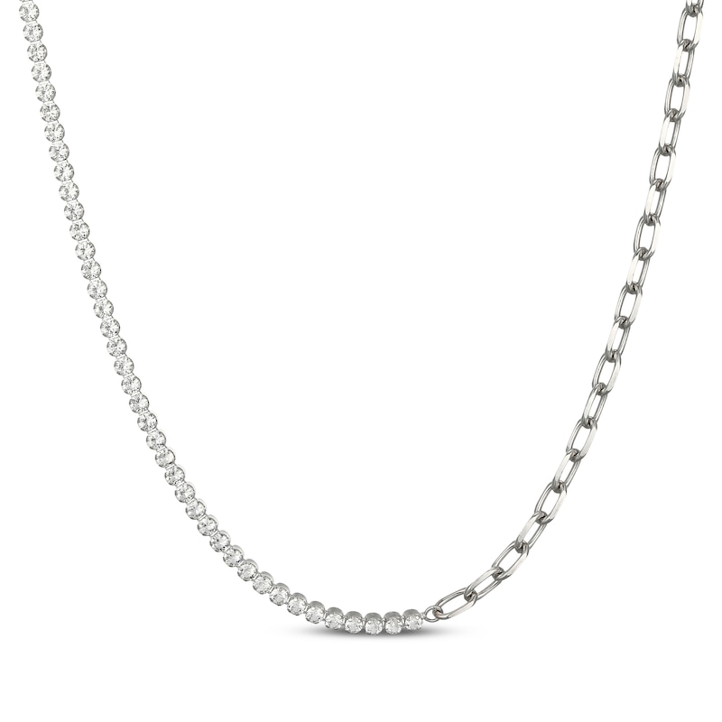 Main Image 1 of White Lab-Created Sapphire & Curb Chain Half-and-Half Necklace Sterling Silver 20"
