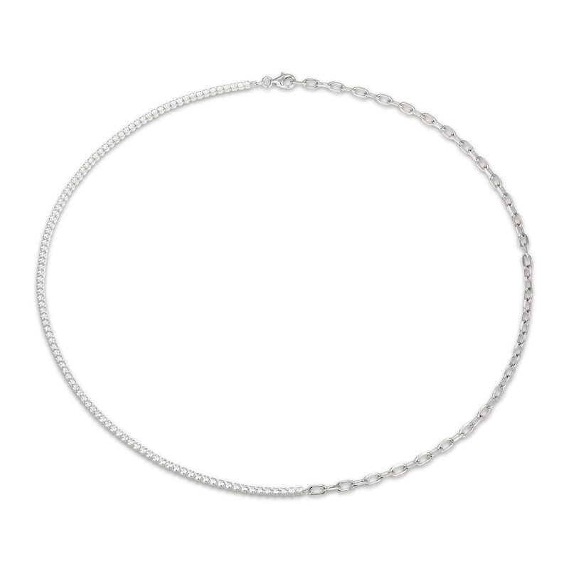 Main Image 2 of White Lab-Created Sapphire & Curb Chain Half-and-Half Necklace Sterling Silver 20"
