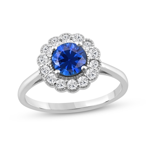 Blue & White Lab-Created Sapphire Flower Ring Sterling Silver