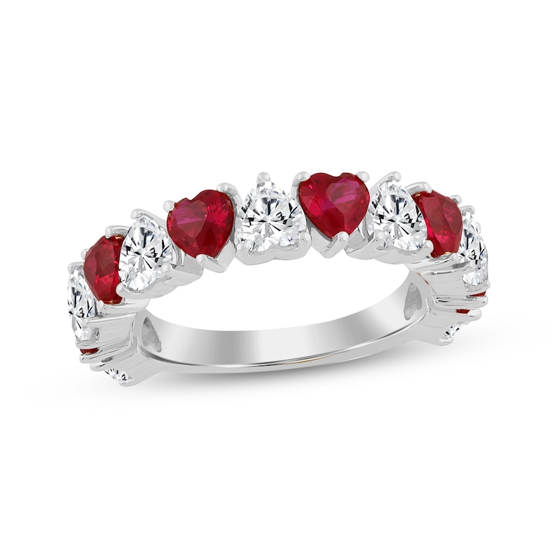 Main Image 1 of Heart-Shaped Lab-Created Ruby & White Lab-Created Sapphire Alternating Ring Sterling Silver