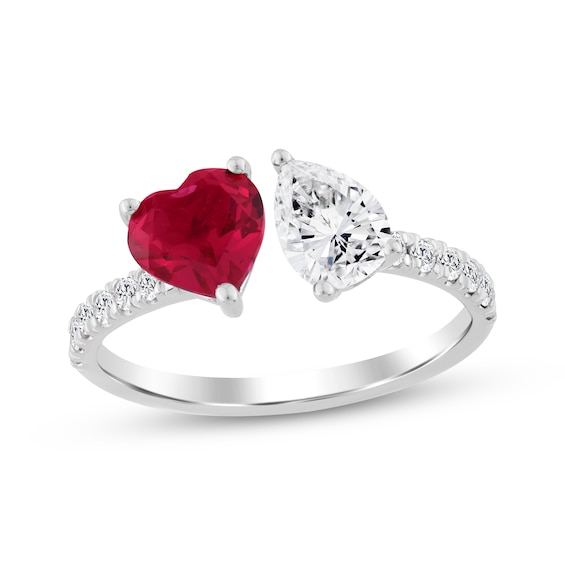 Heart-Shaped Lab-Created Ruby & Pear-Shaped White Lab-Created Sapphire Toi et Moi Deconstructed Ring Sterling Silver