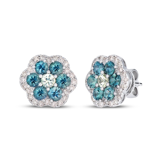 Le VIan Montana Sapphire Ombré Flower Stud Earrings 3/8 ct tw Diamonds 14K Vanilla Gold