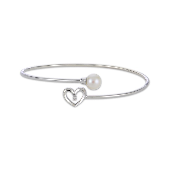 Cultured Pearl & Diamond Accent Flex Bypass Bangle Bracelet Sterling Silver 7.5"