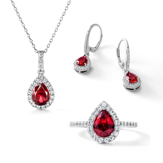 Pear-Shaped Lab-Created Ruby & White Lab-Created Sapphire Halo Necklace, Ring and Drop Earrings Gift Set Sterling Silver