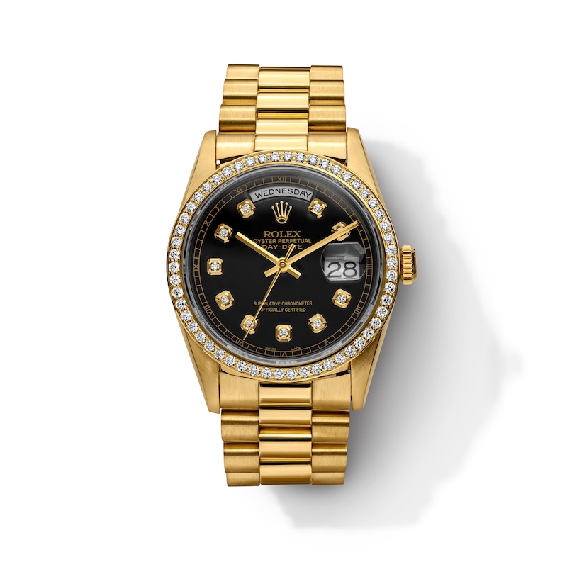 Main Image 1 of Previously Owned Men's Rolex Presidential 1 ct tw Diamond 18K Yellow Gold Watch with Black Dial (Model: 18238)