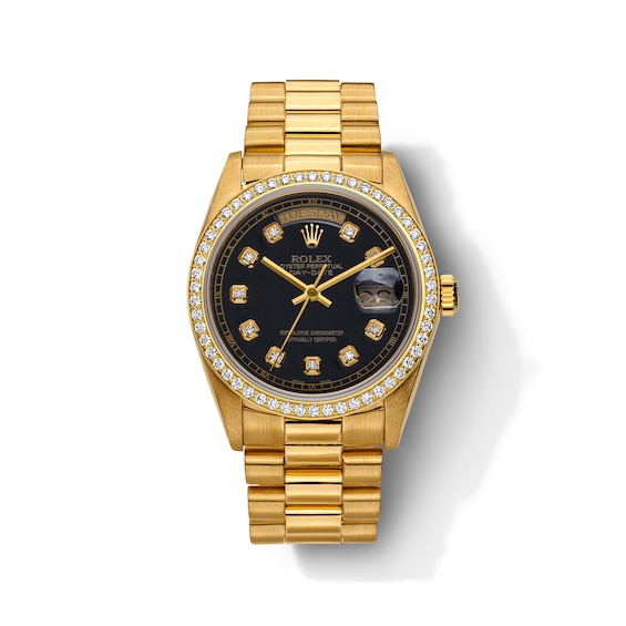 Previously Owned Men's Rolex Presidential 1 ct tw Diamond 18K Yellow Gold Automatic Watch with Black Dial (Model: 18038)