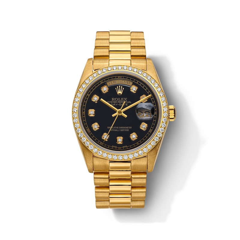 Main Image 1 of Previously Owned Men's Rolex Presidential 1 ct tw Diamond 18K Yellow Gold Automatic Watch with Black Dial (Model: 18038)