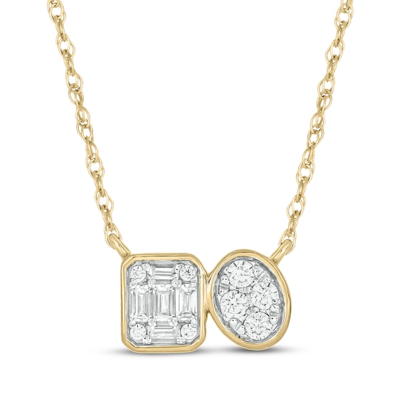 Baguette & Round-Cut Multi-Diamond Toi et Moi Necklace 1/6 ct tw 10K Yellow Gold 18"