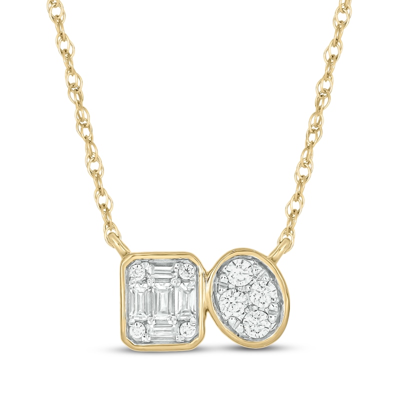 Main Image 1 of Baguette & Round-Cut Multi-Diamond Toi et Moi Necklace 1/6 ct tw 10K Yellow Gold 18"