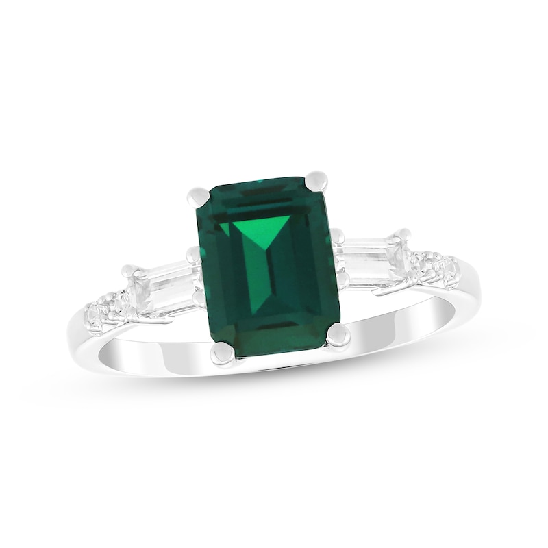 Main Image 1 of Emerald-Cut Lab-Created Emerald & White Lab-Created Sapphire Ring Sterling Silver