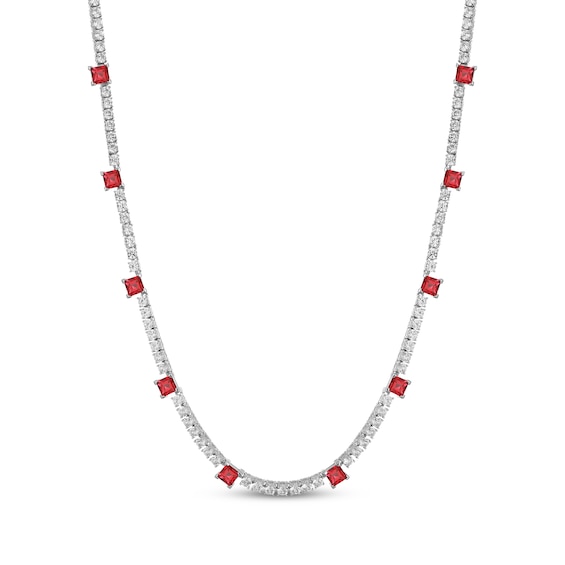 Square-Cut Lab-Created Ruby & White Lab-Created Sapphire Line Necklace Sterling Silver 18"