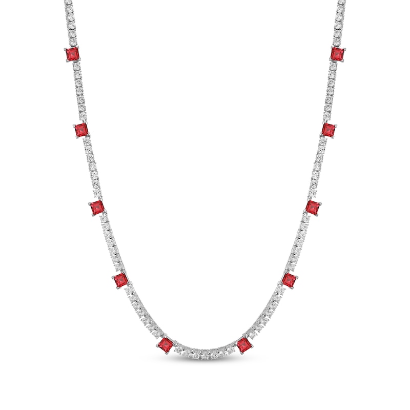 Main Image 1 of Square-Cut Lab-Created Ruby & White Lab-Created Sapphire Line Necklace Sterling Silver 18"
