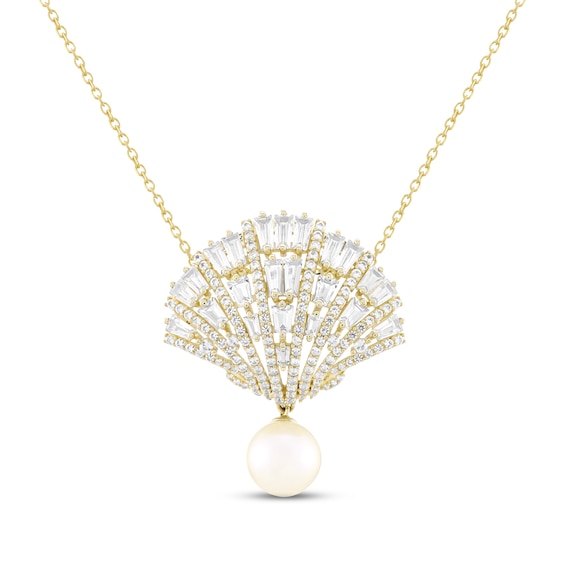 Cultured Pearl & White Lab-Created Sapphire Seashell Necklace 10K Yellow Gold 18"