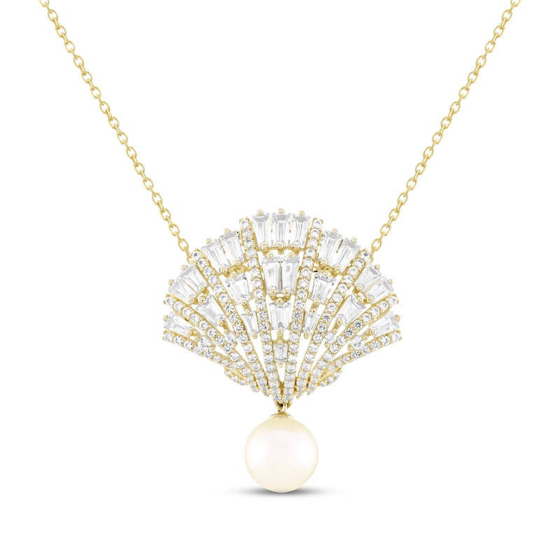 Main Image 1 of Cultured Pearl & White Lab-Created Sapphire Seashell Necklace 10K Yellow Gold 18"