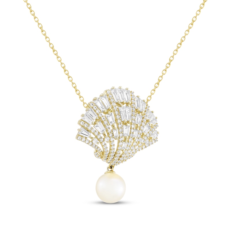 Main Image 2 of Cultured Pearl & White Lab-Created Sapphire Seashell Necklace 10K Yellow Gold 18"